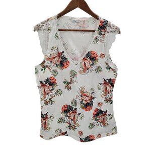 Womens Floral Tank Top Size L Large Lace Trim V-Neck Lightweight Casual Summer
